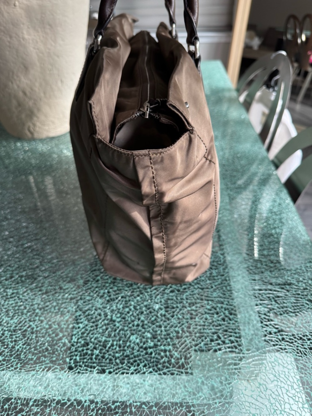Tumi Olive Brown Nylon Tote with Dark Brown Leather Handles - Picture 3 of 8